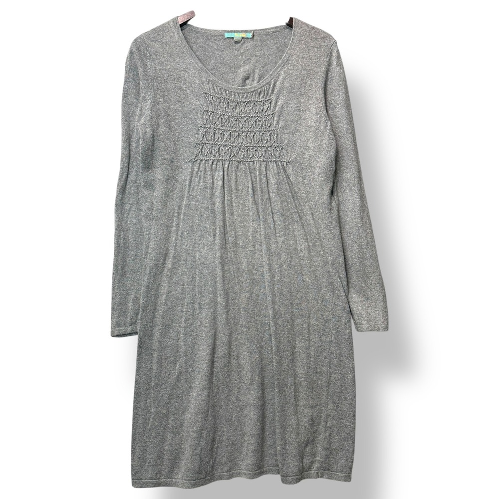 Boden Womens Gray Knit Smocked Front Long Sleeve Dress Sz 8 Minimalist Academia